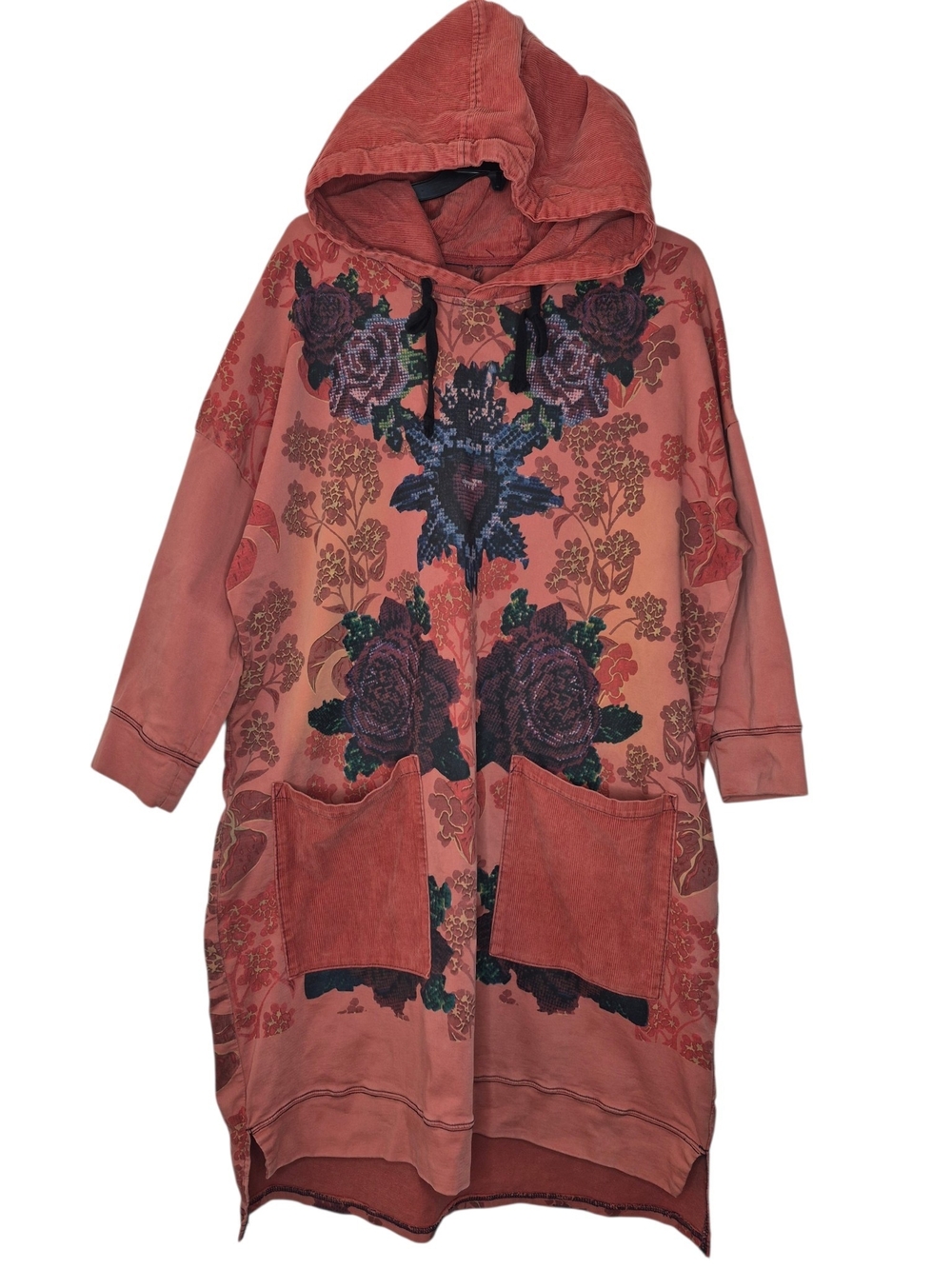 YESNO Floral Heavyweight Oversized Hoodie Dress Corduroy Pocket Pink OS